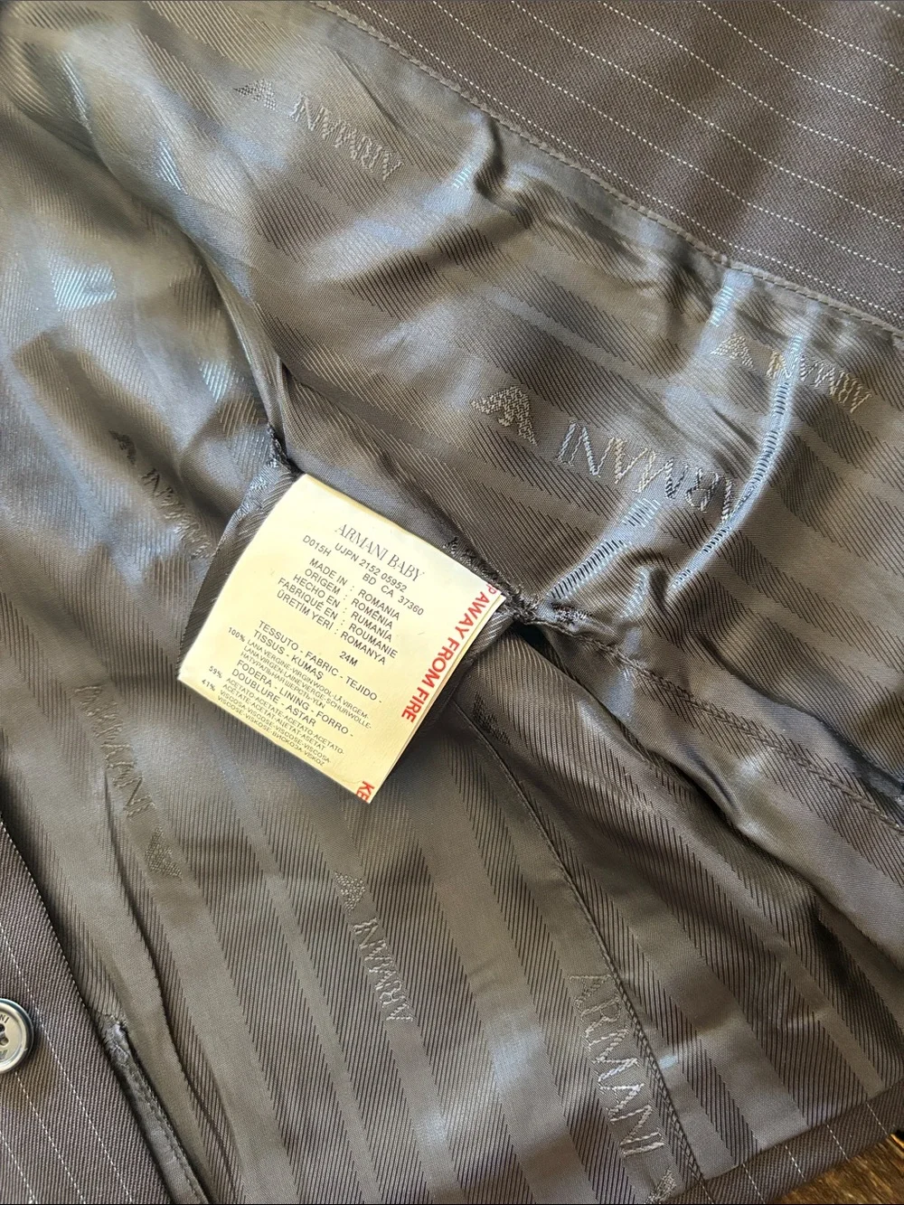 Giorgio Armani Baby Brown Pinstripe Blazer with Gold Emblem